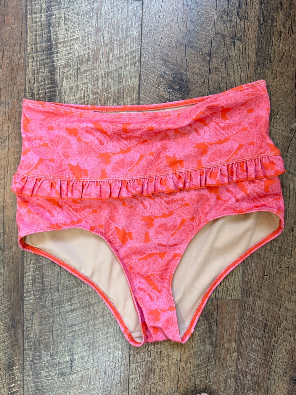 Women’s Pink Coral Ruffled High Waisted Swim Bottoms